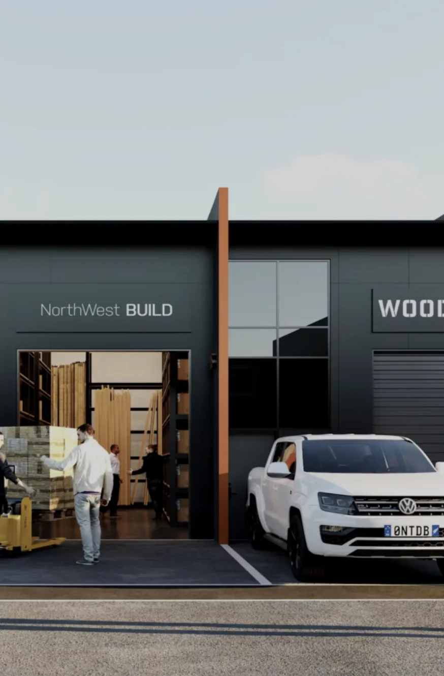 Flex units with a roll-up door open to a workshop