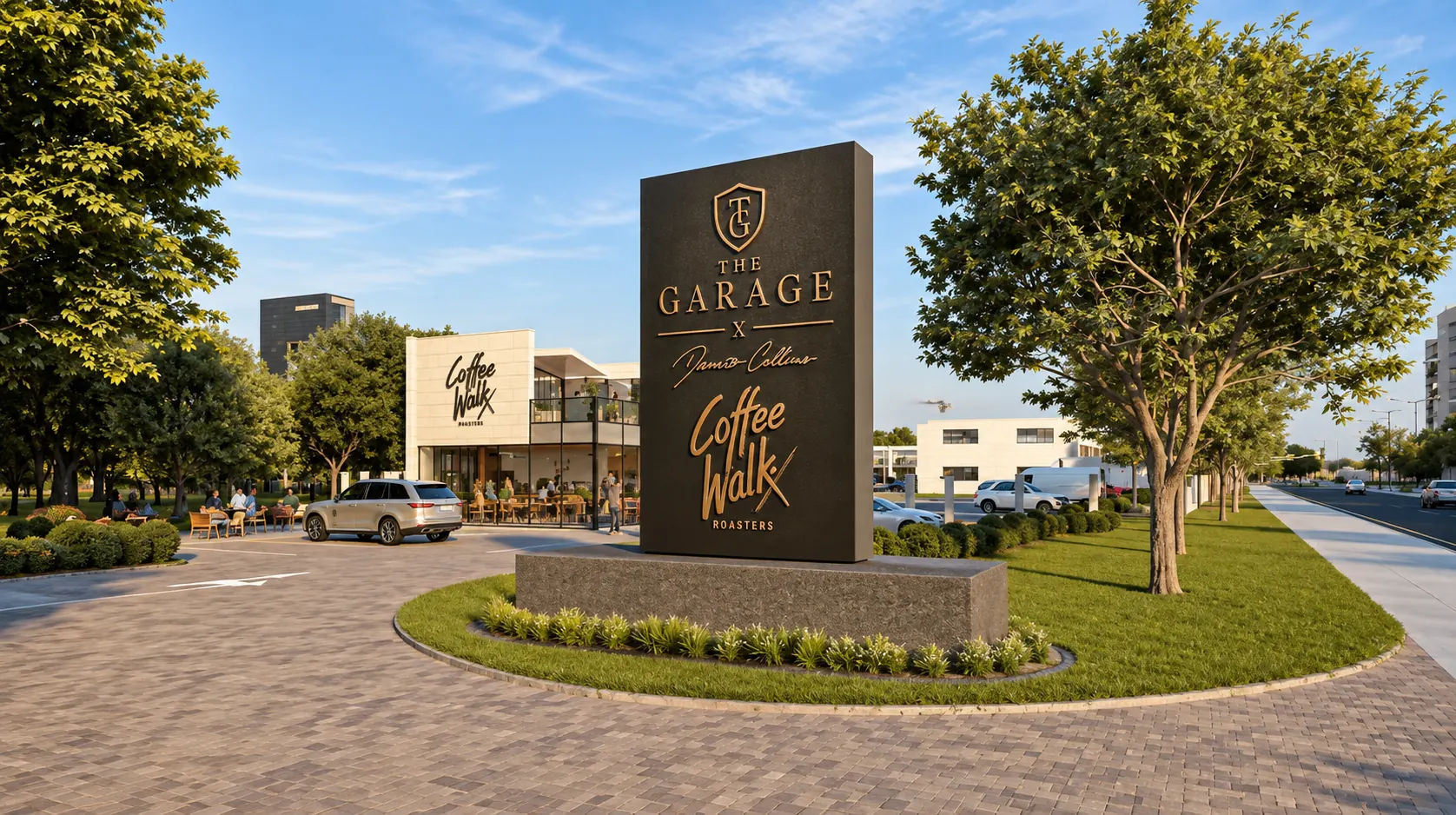 The Garage Plano entrance sign with a café behind it