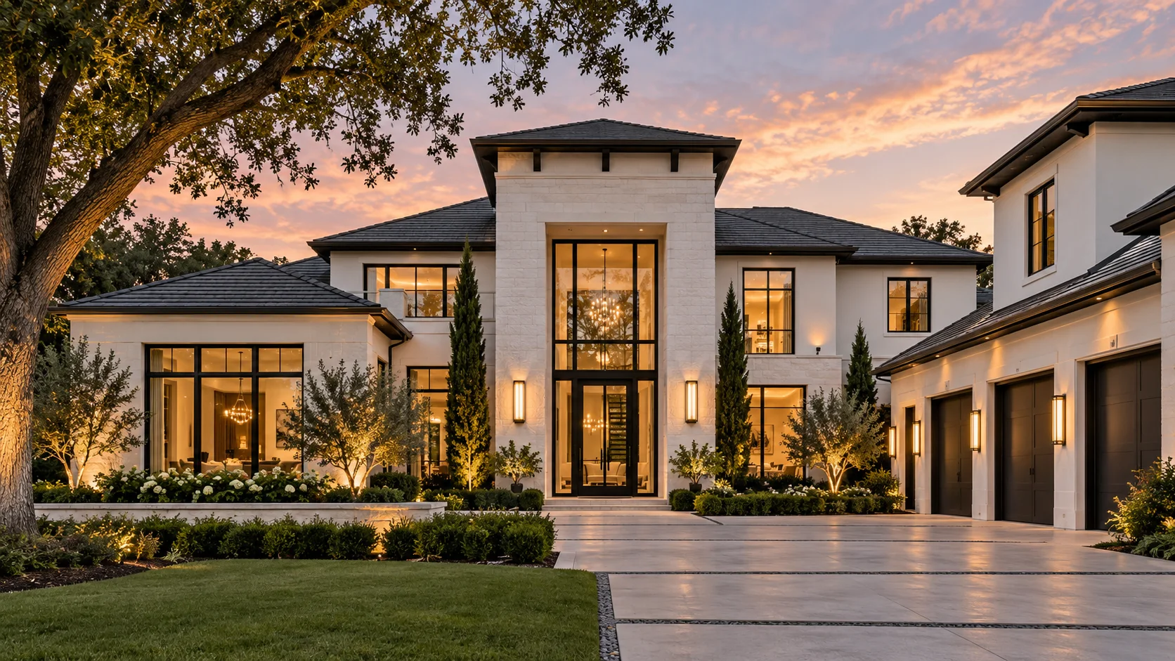 Luxury limestone home at dusk with lit windows and a three-car garage